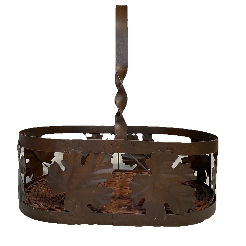 Autumn Fall Maple Leaf Themed Metal And Wicker Basket